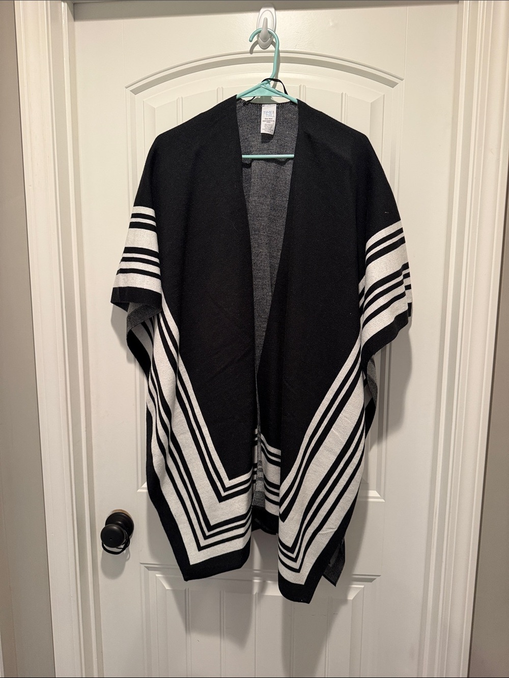 Time and Tru Black and White Striped Open-Front Poncho